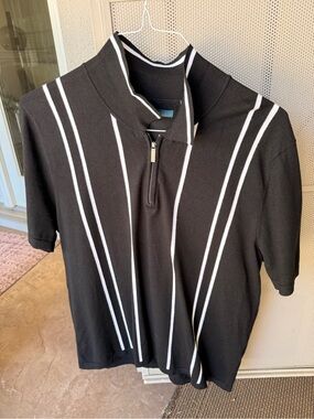 Perry Ellis Black V-Neck Short Sleeve Sweater Polo with White Stripes